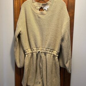 MABLE long sleeve Beige Knit Romper with drawstring waist and keyhole back